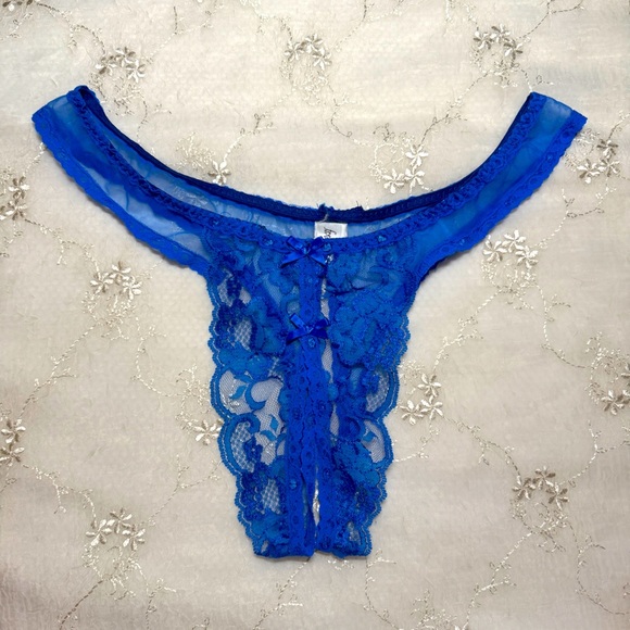 vintage fredrick’s cobalt blue lace crotchless panty made in usa size large - Picture 1 of 4